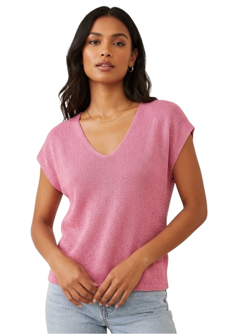 CeCe Shimmer Pink V-Neck Short Cap Sleeve Sweater Knit